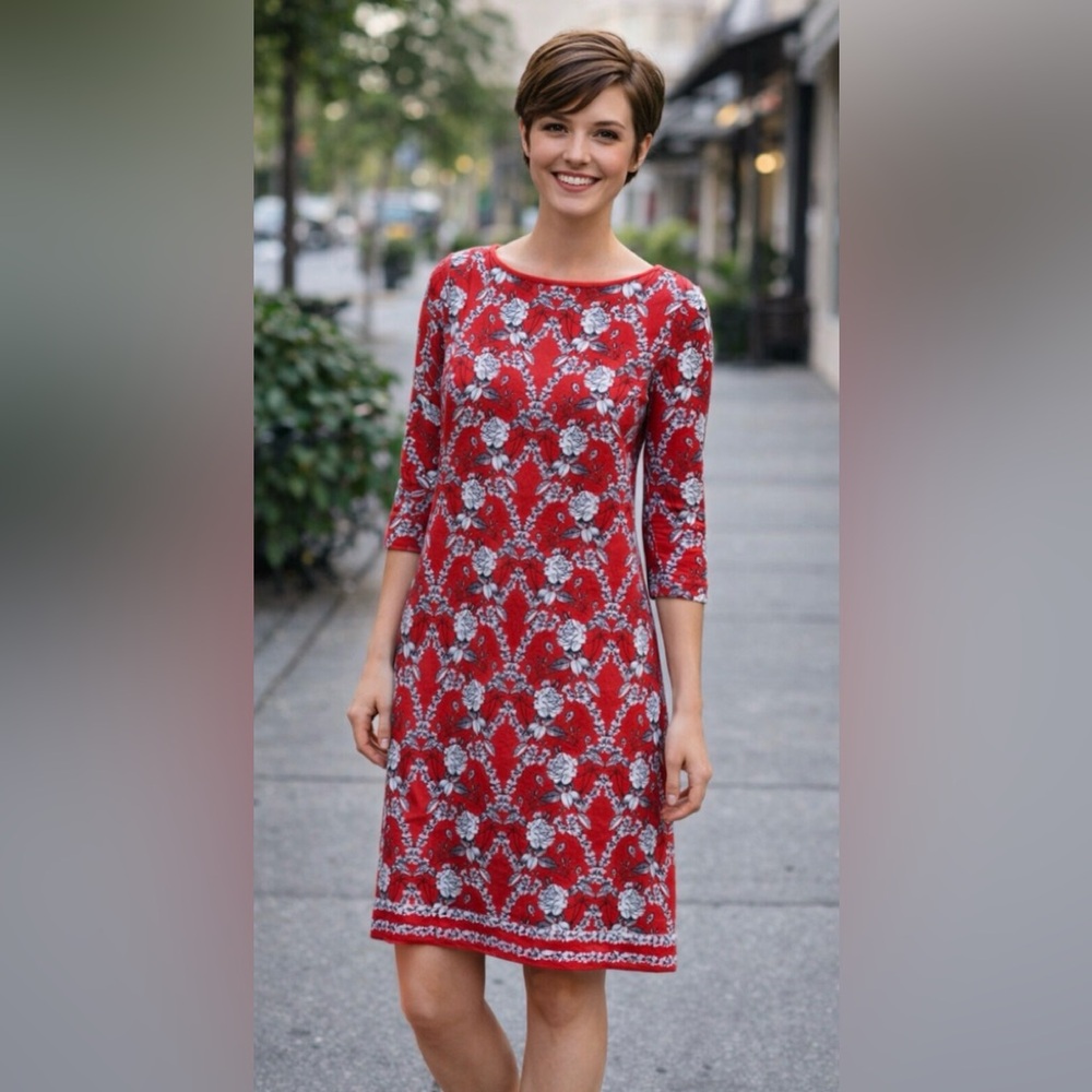 Max Studio Red Floral Sheath Dress Casual Travel Collegiate Comfort - Sz S. EUC!
